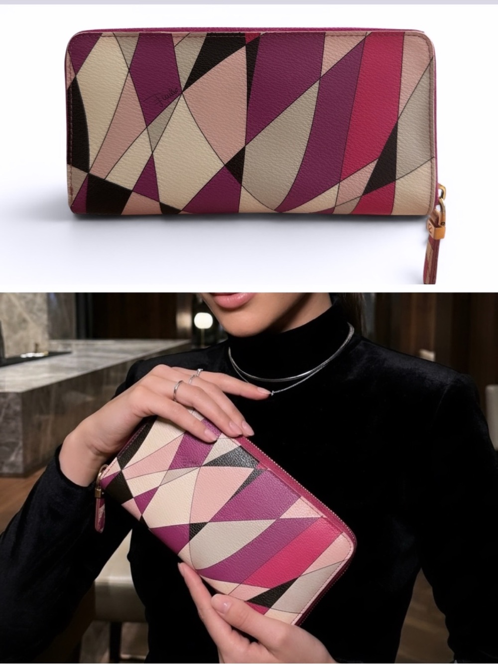 Emilio Pucci Leather Continental Long Zip Wallet Pink Purple Abstract